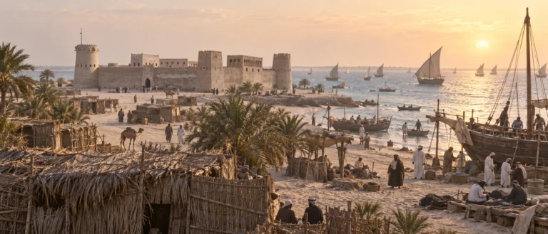 Late nineteenth-century Abu Dhabi coast with Qasr Al Hosn and a large traditional pearling fleet during the reign of Zayed the Great