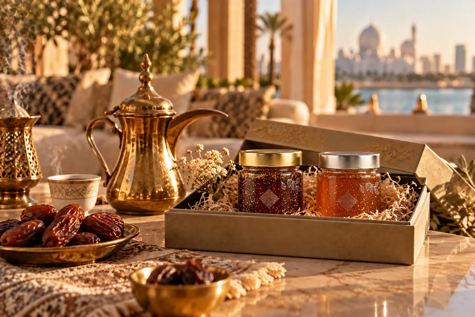 Two unbranded honey jars with dates and Arabic coffee on a refined majlis table