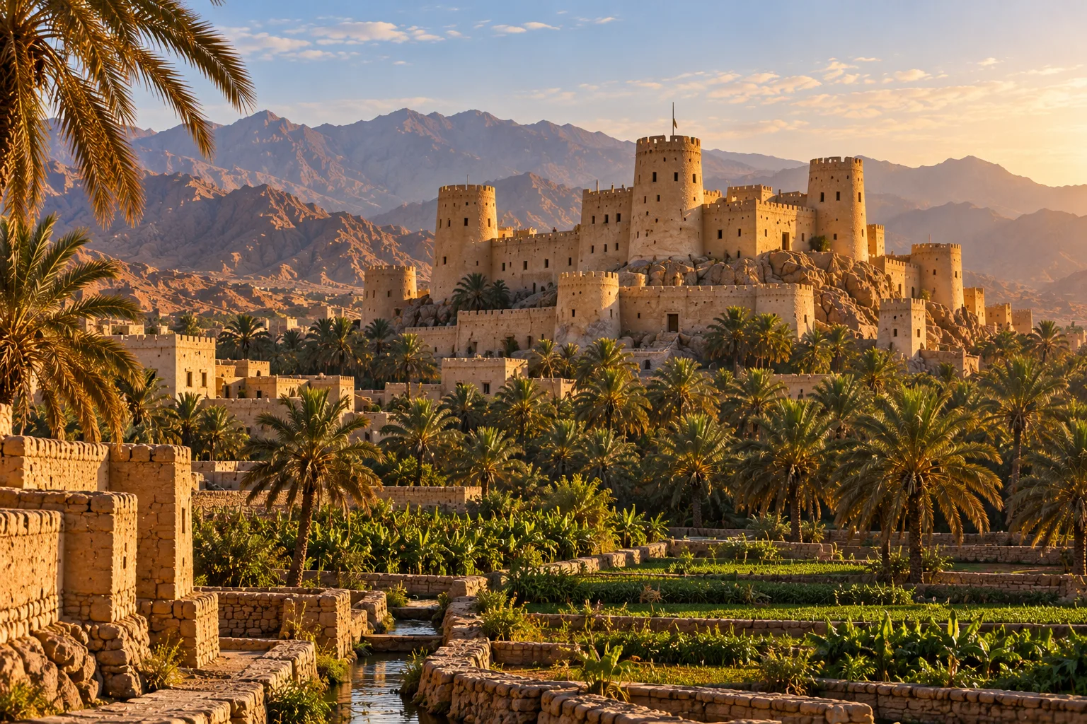 قلعة الرستاق فوق بساتين النخيل والأرض المزروعة في عُمان، وكانت مقرا للحكم في عهد أحمد بن سعيد
