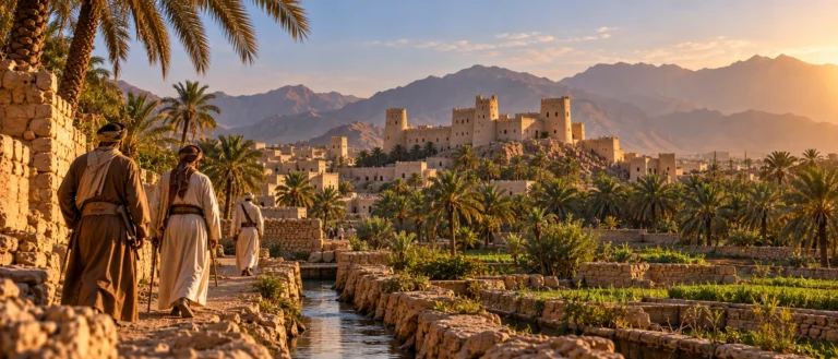 مشهد تاريخي وثائقي مختلف لقلعة الرستاق والنخيل في عُمان في زمن أحمد بن سعيد