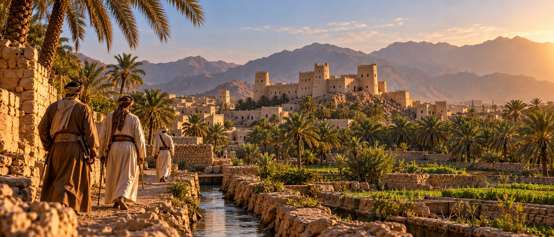 مشهد تاريخي وثائقي مختلف لقلعة الرستاق والنخيل في عُمان في زمن أحمد بن سعيد