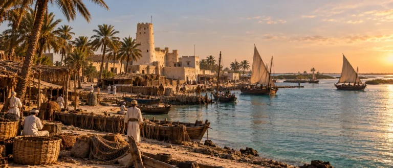 مشهد تاريخي لأبوظبي الساحلية في أواخر القرن الثامن عشر مع برج قصر الحصن وسفن لؤلؤ ومساكن تقليدية