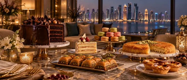 Selection of cakes, pastries and Arabic sweets in a refined Doha setting