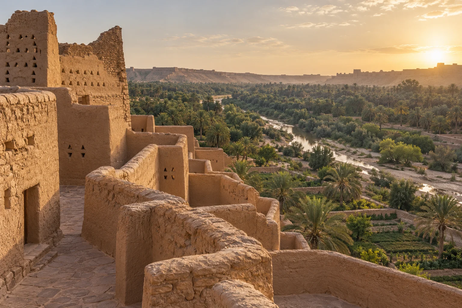 تفاصيل حي الطريف الطيني المطل على وادي حنيفة والنخيل في الدرعية