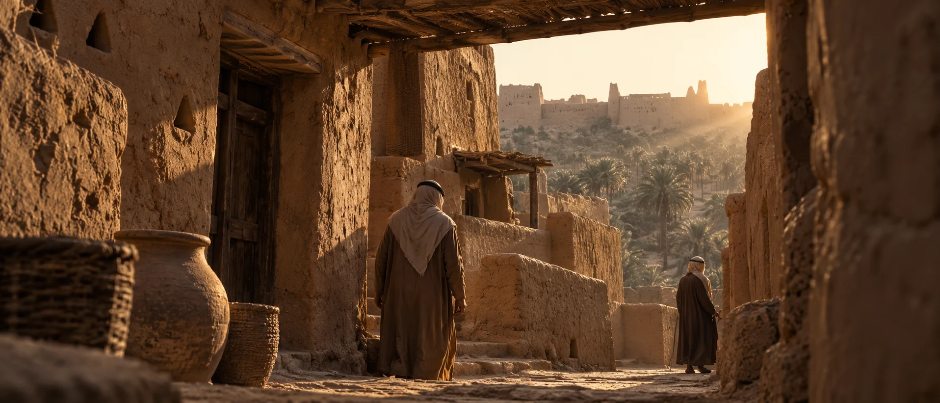 مشهد وثائقي مختلف لحي الطريف في الدرعية من مستوى قريب مع عمارة نجدية طينية ووادي حنيفة في الخلفية