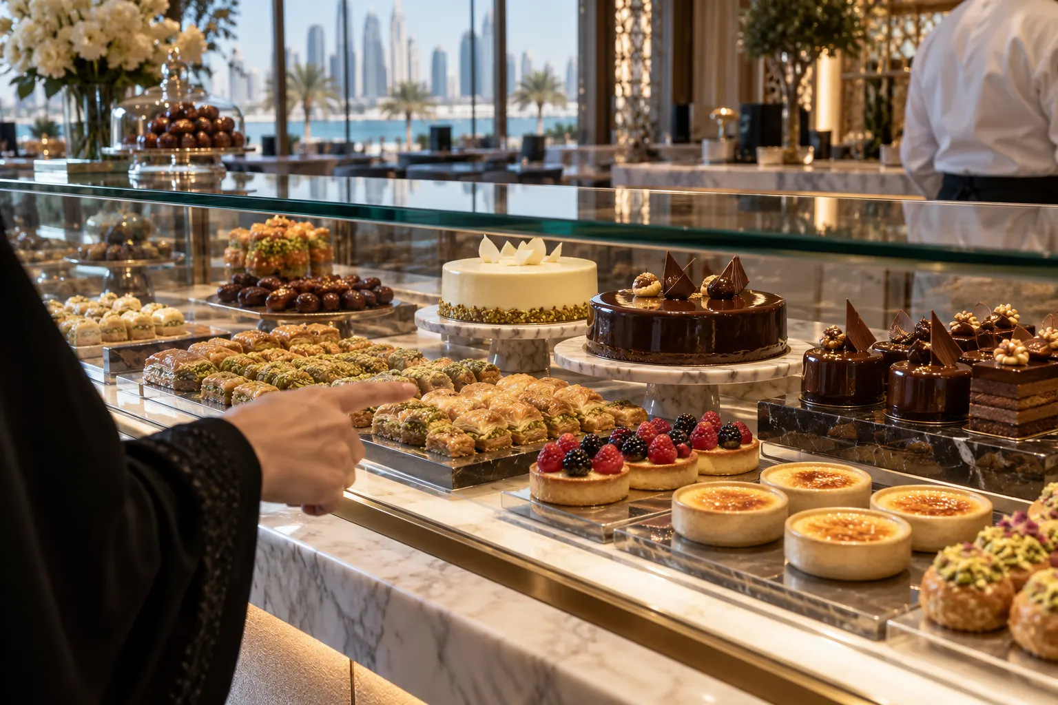 Contemporary Doha dessert counter with cakes, pastries and Arabic sweets
