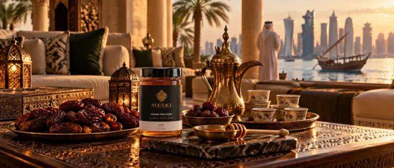 Premium Doha majlis gift scene with dates, Arabic coffee and a traceable honey jar in refined Qatari hospitality setting
