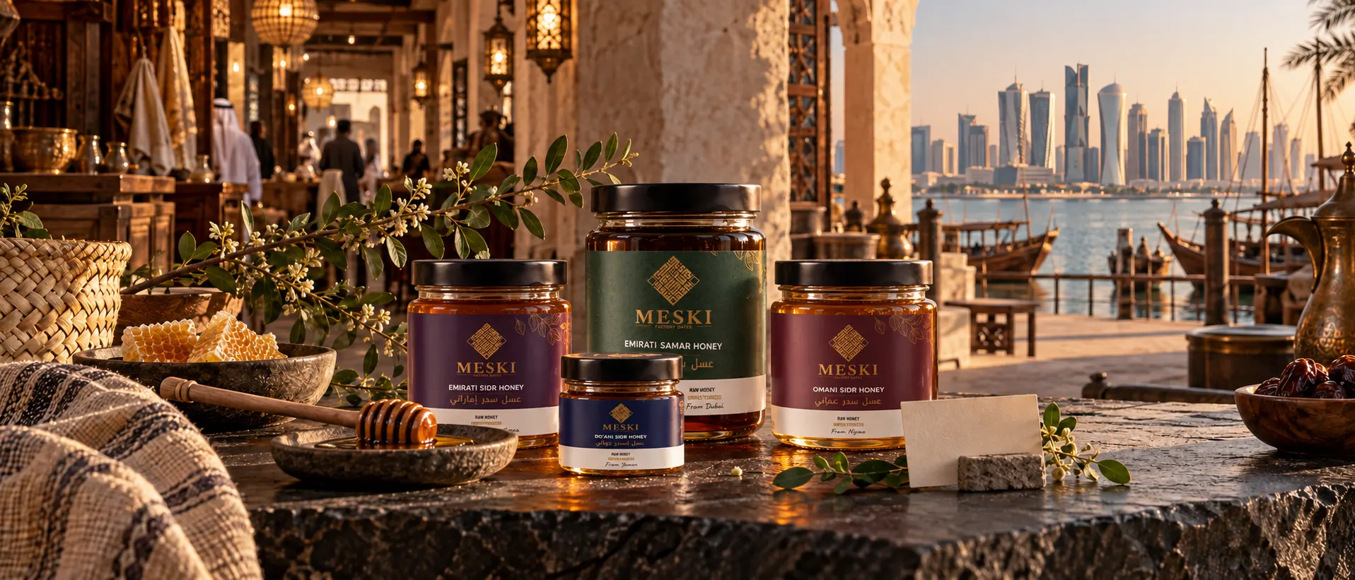 Sidr honey jars and traditional Doha market atmosphere without readable labels