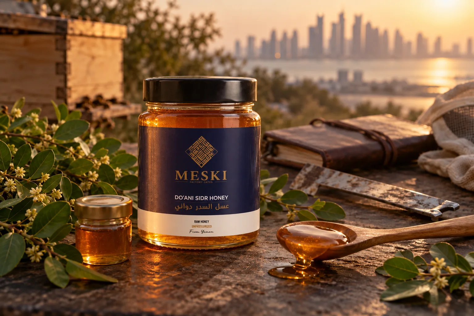 Close view of honey, a batch notebook, a beekeeper tool and Sidr leaves in Doha