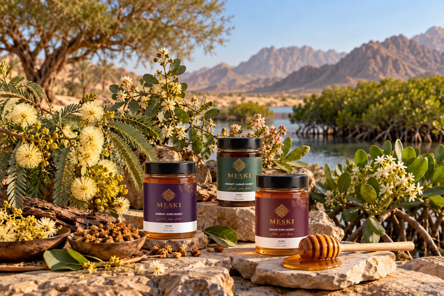 Botanical details of Ghaf, mangrove, Sidr and Samar with unbranded Emirati honey