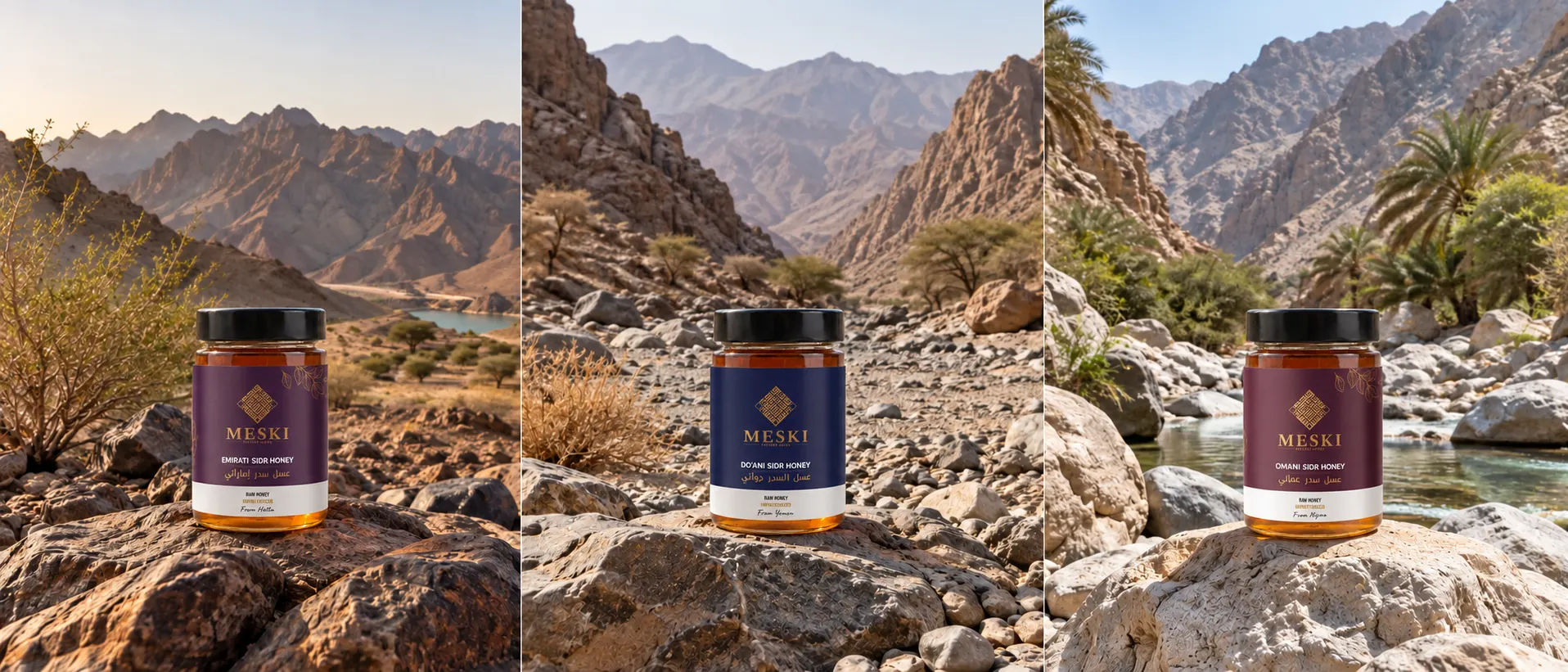 Three unbranded honey jars representing UAE Yemen and Oman against three distinct realistic landscapes