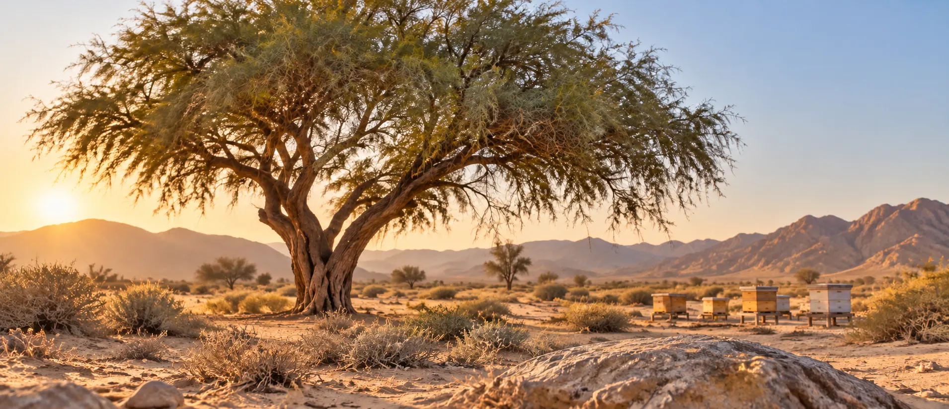 Mature Ghaf tree in UAE desert with a small apiary and unbranded honey jar in foreground
