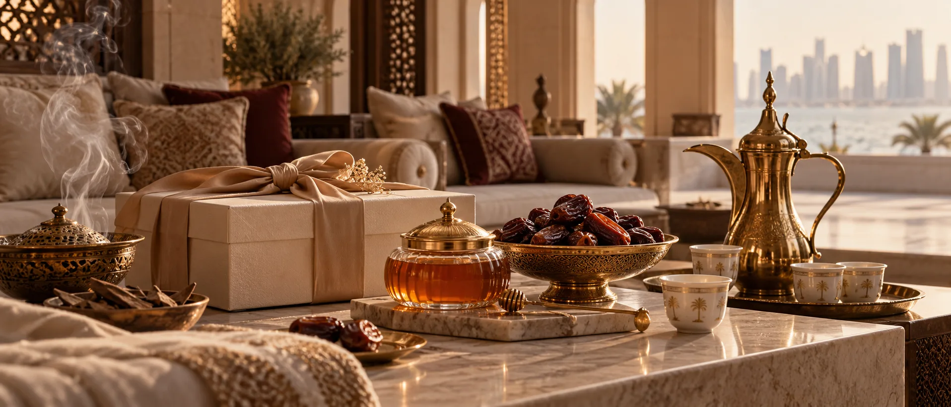 An elegant majlis gift with honey and dates prepared for a Qatari visit