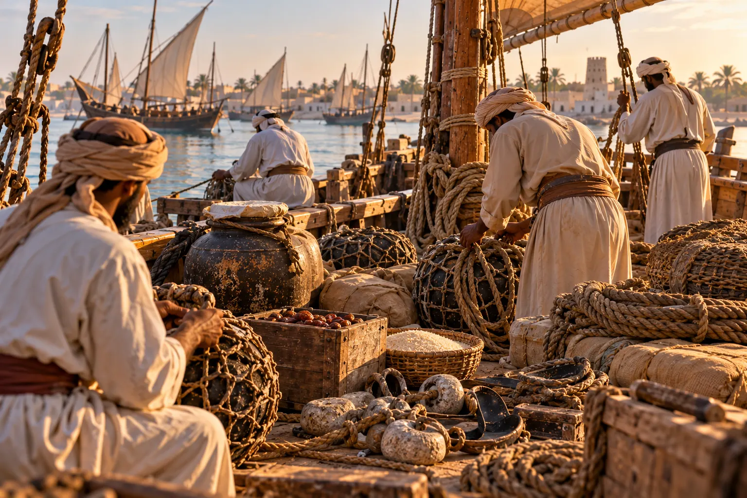 تفاصيل سفينة غوص على اللؤلؤ مع الحبال والسلال وجرار الماء ومعدات الطاقم في الخليج العربي