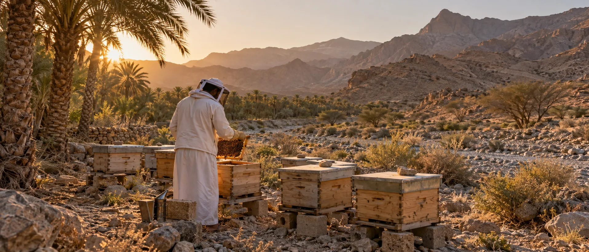 Realistic Hatta apiary in Hajar mountain wadi with rugged slopes and sparse vegetation