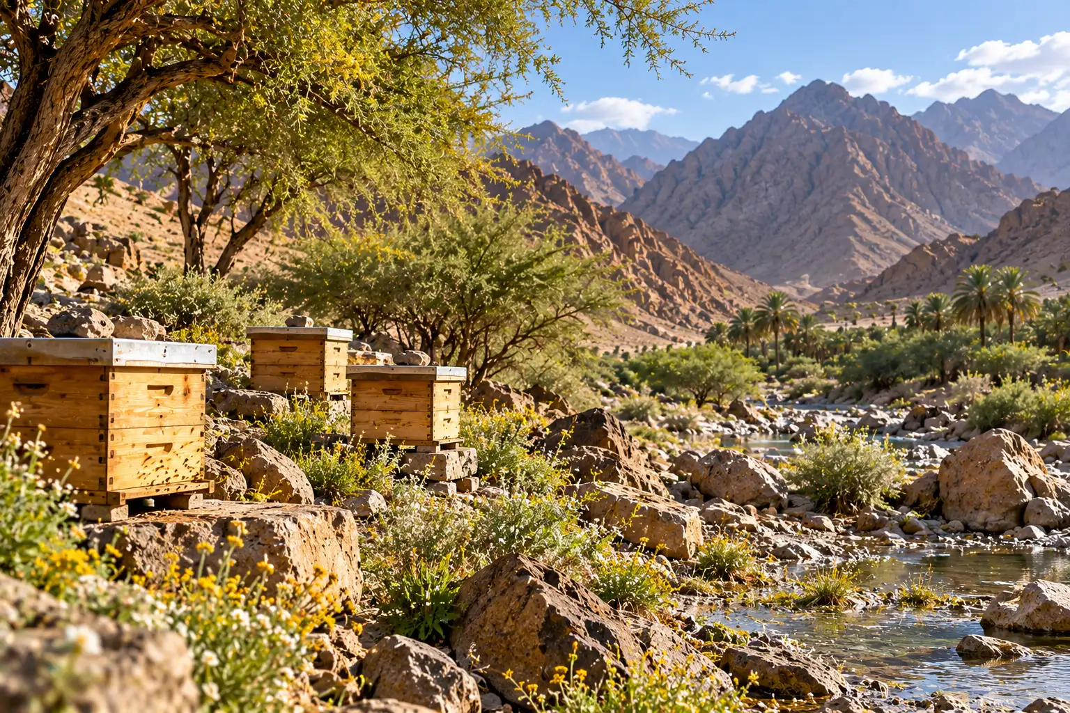 Beehives in a rocky Hatta wadi with Ghaf and realistic seasonal flowering plants