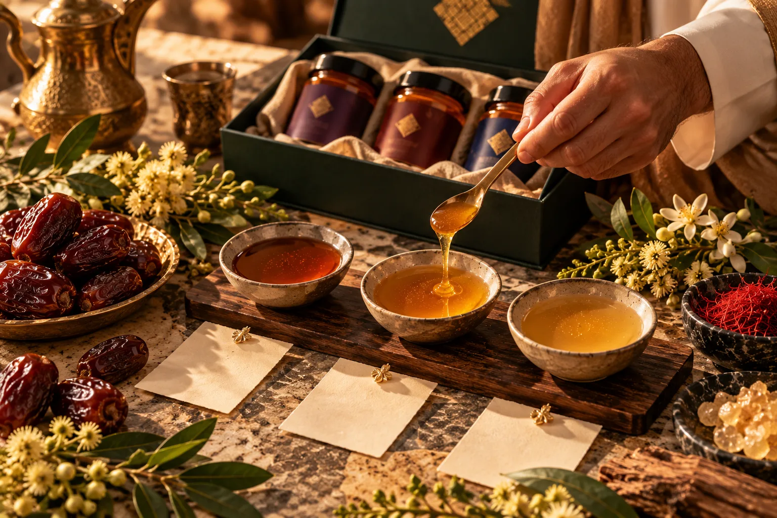 Comparative premium honey tasting table with Sidr, Samar, Ghaf and Manuka styles, plus discreet gold and saffron accents