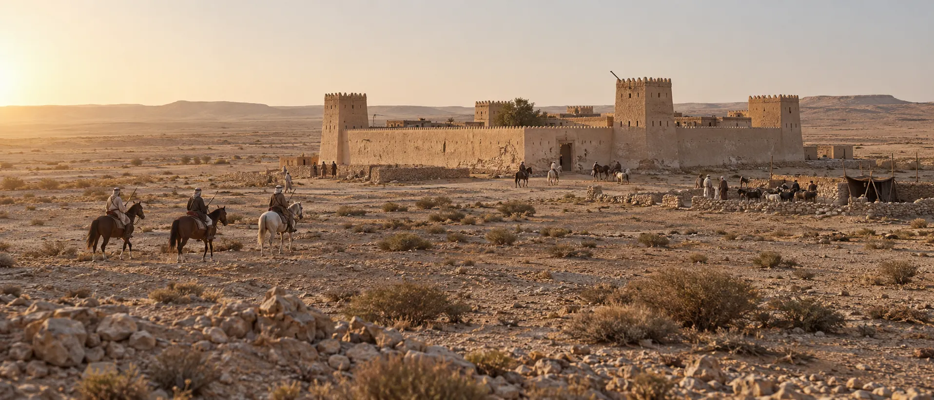 Late nineteenth-century Al Wajbah landscape in Qatar with fort, desert terrain and distant mounted figures