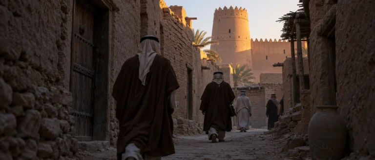 مشهد وثائقي عربي مختلف قرب المصمك عند الفجر مع مباني الرياض القديمة ورجال بعيدين من الخلف بلا وجوه واضحة