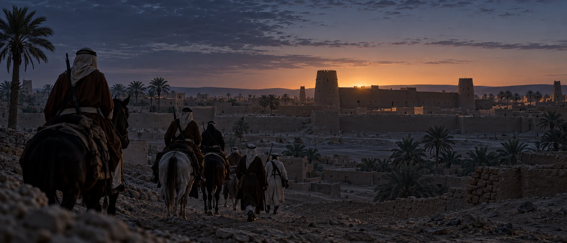 Pre-dawn documentary reconstruction of old Riyadh in 1902 with Masmak fort and a small mounted group seen from behind