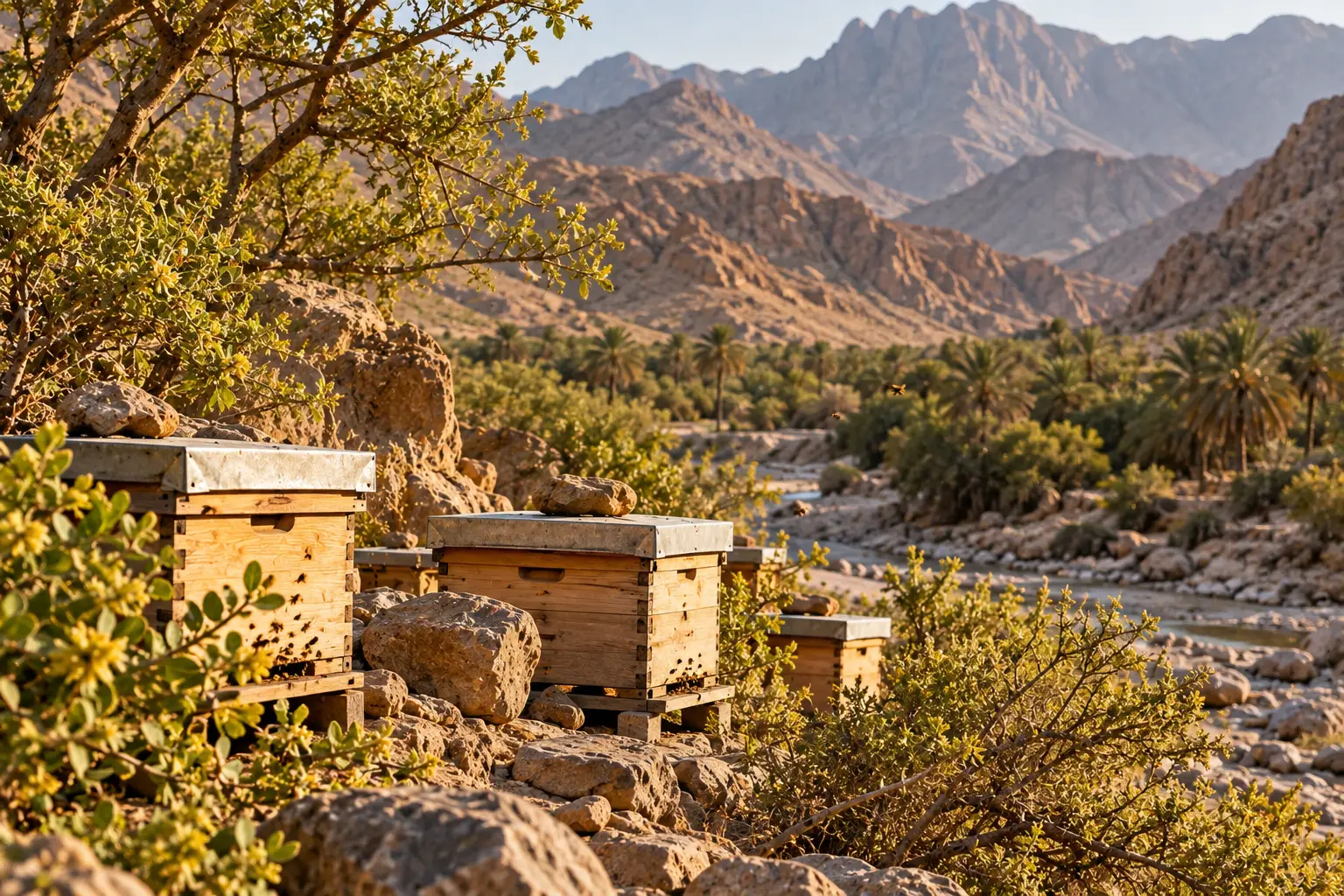 Small beehives in a rocky wadi near Nizwa with Sidr, Samar and distant date palms