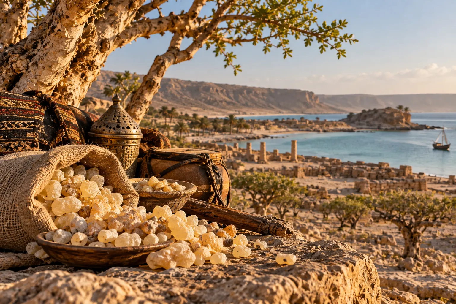 Omani frankincense resin in the foreground with the coastal ruins of Khor Rori behind