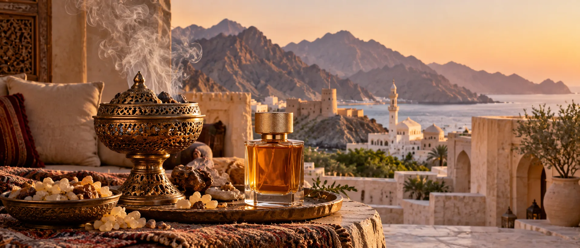 Elegant Muscat perfumery scene with frankincense resin modern perfume bottle and Omani architectural details no logos