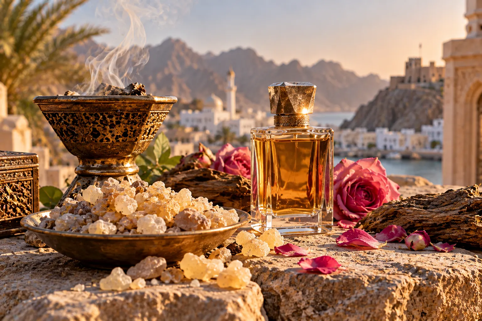 Omani frankincense, rose petals and a modern unbranded perfume bottle on natural stone