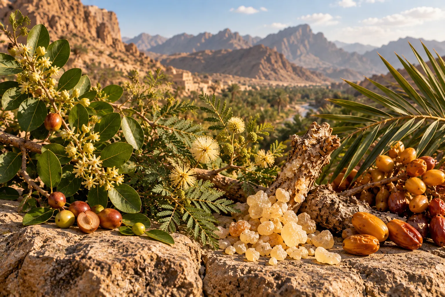 Botanical details of Sidr, Samar, frankincense and date palm from Omani environments