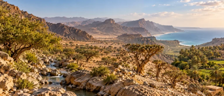 مشهد عماني واقعي يجمع السدر والسمر واللبان والنخيل في انتقالات بيئية طبيعية