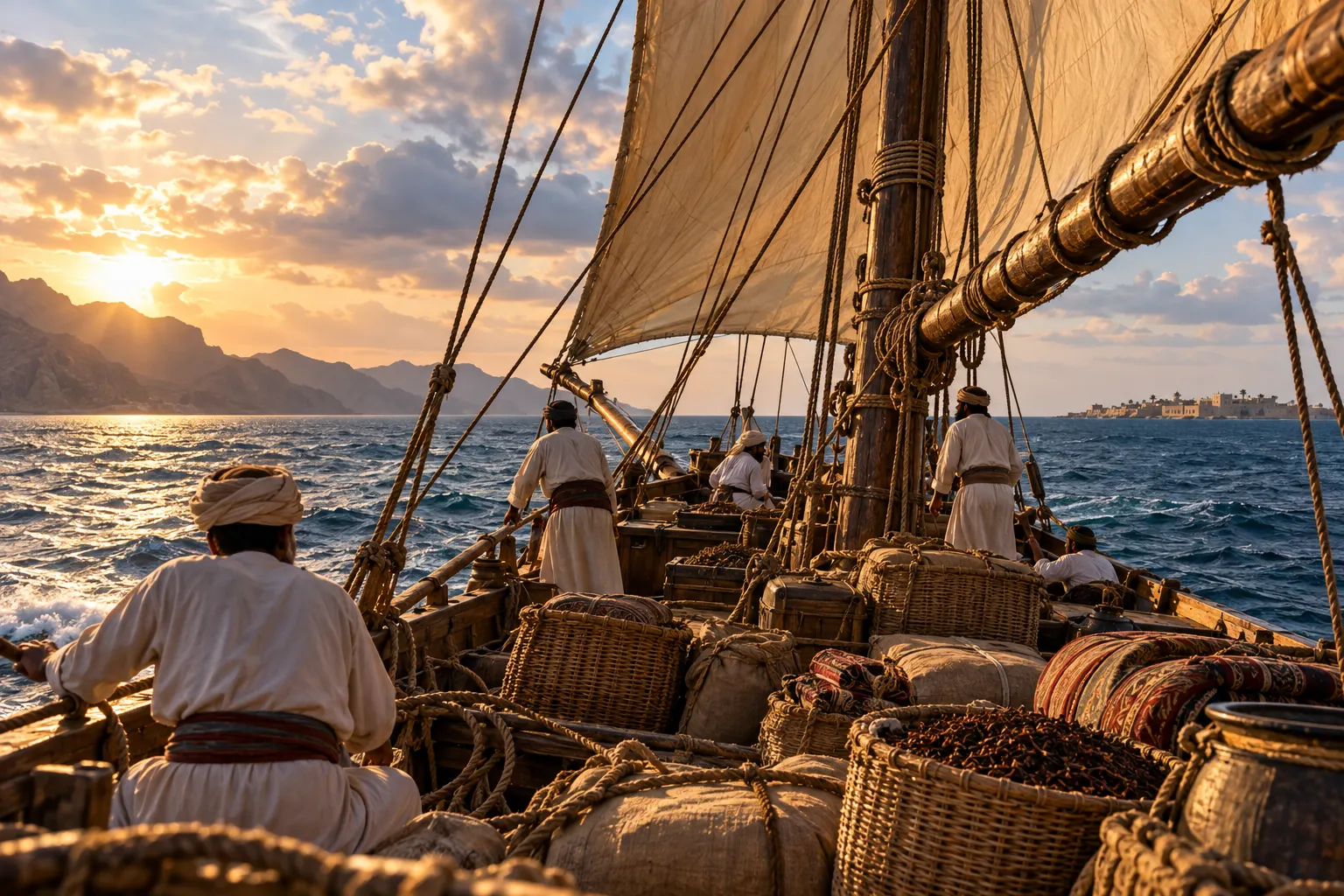 Traditional Omani dhow at sea with cargo associated with Muscat and Zanzibar Indian Ocean trade