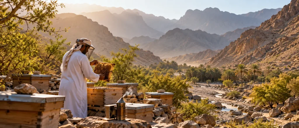 نحال عماني في بيئة جبلية مع خلايا نحل وأودية صخرية