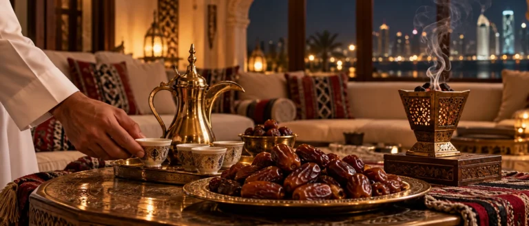 ضيافة مجلس قطري مع تمر الخلاص ودلة القهوة ودخان بخور خفيف