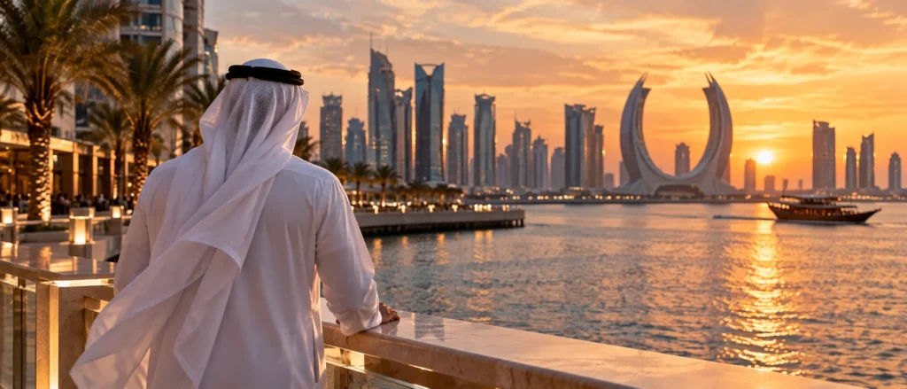 رجل قطري من الخلف يرتدي الغترة البيضاء والعقال الأسود أمام واجهة لوسيل البحرية