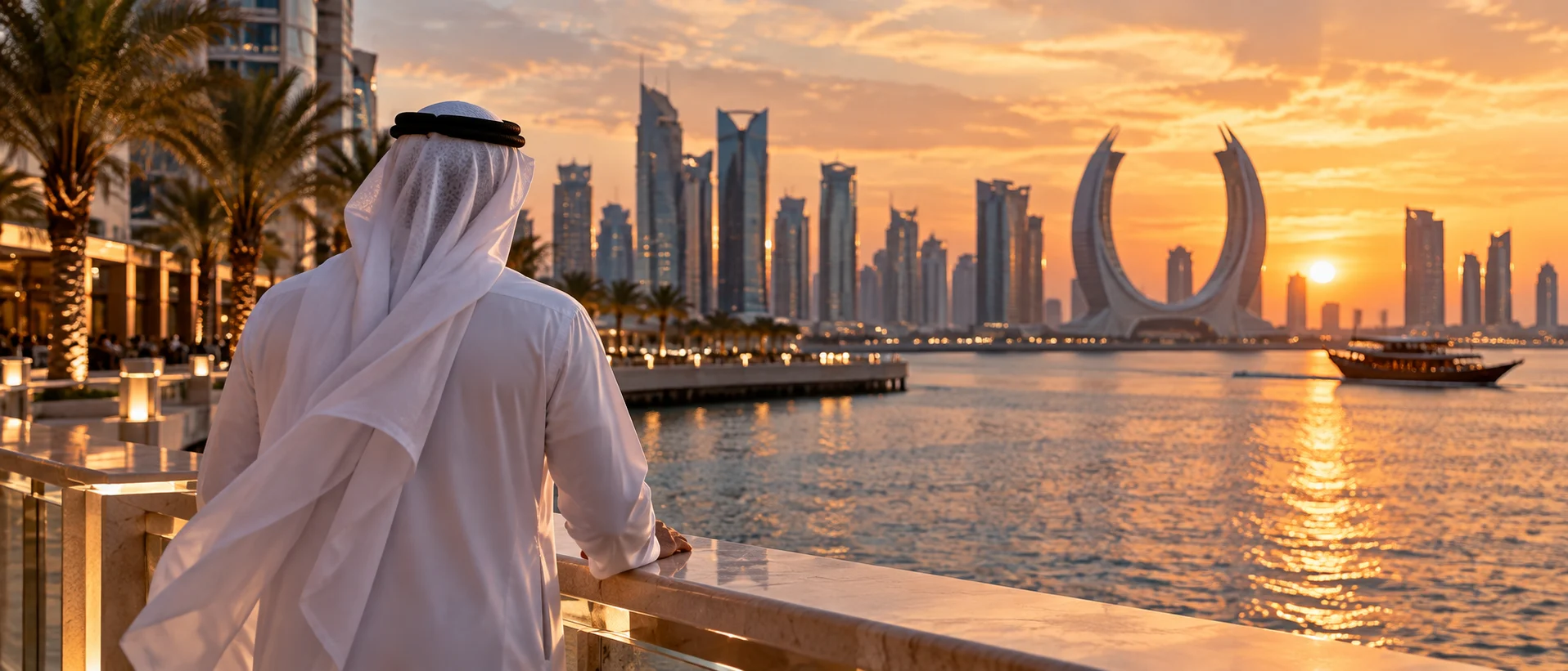 رجل قطري من الخلف يرتدي الغترة البيضاء والعقال الأسود أمام واجهة لوسيل البحرية