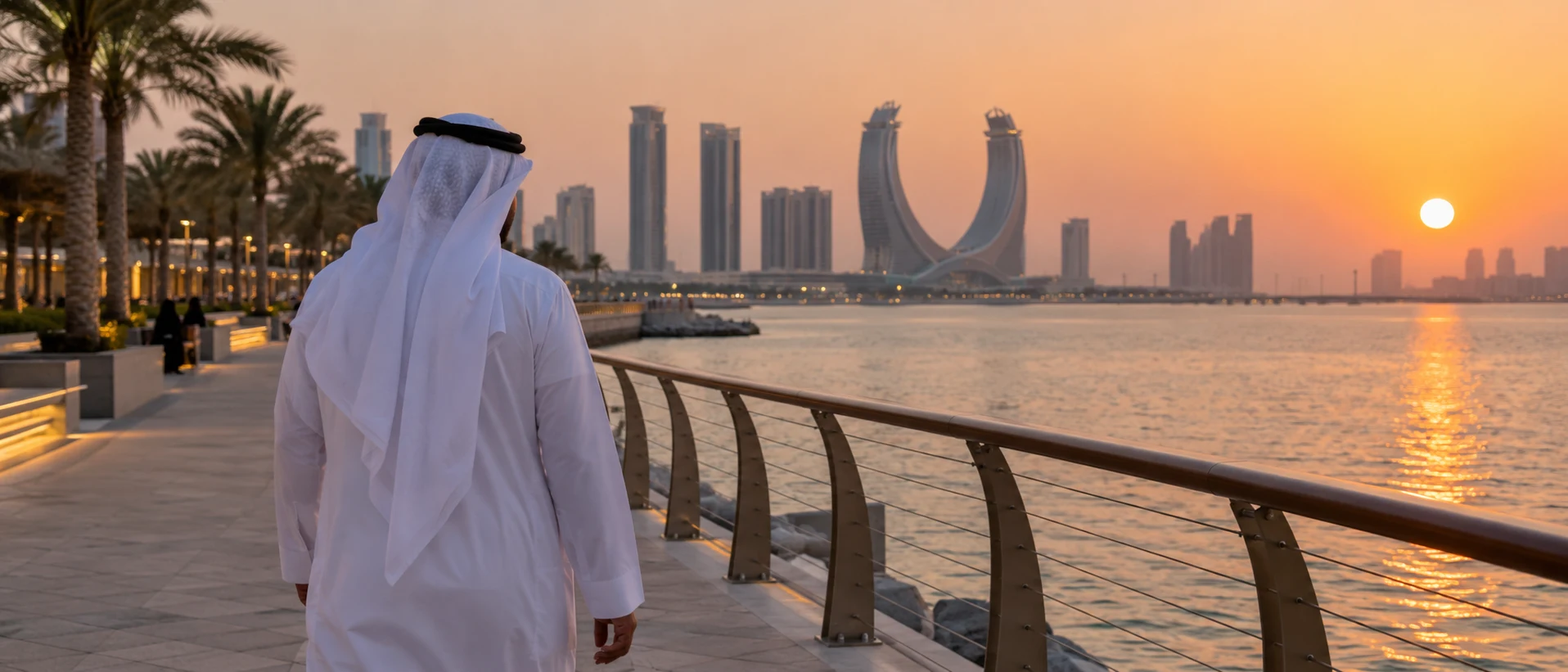 Qatari man seen from behind wearing white ghutra and black egal facing Lusail waterfront