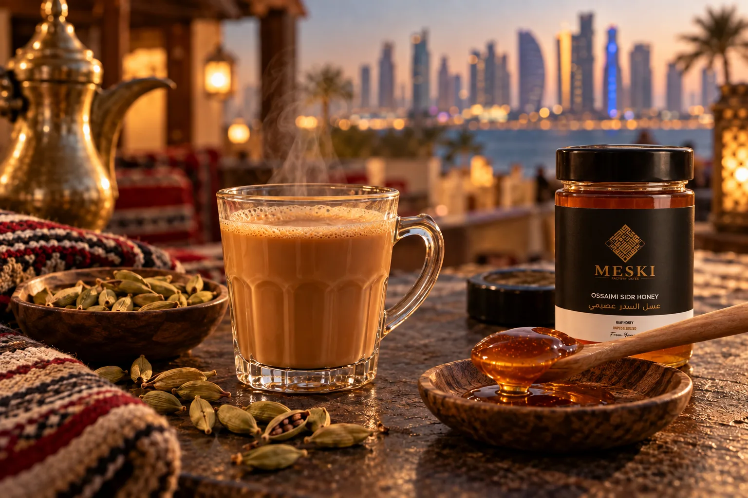 Qatari karak tea with cardamom and a small spoonful of Sidr honey