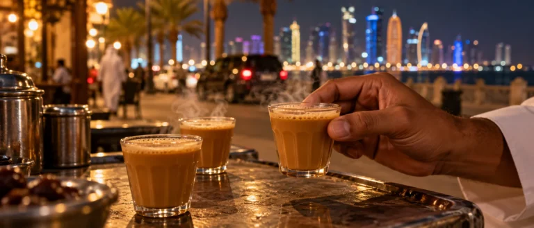 أكواب كرك ساخنة في مشهد مسائي من الدوحة من دون علامات
