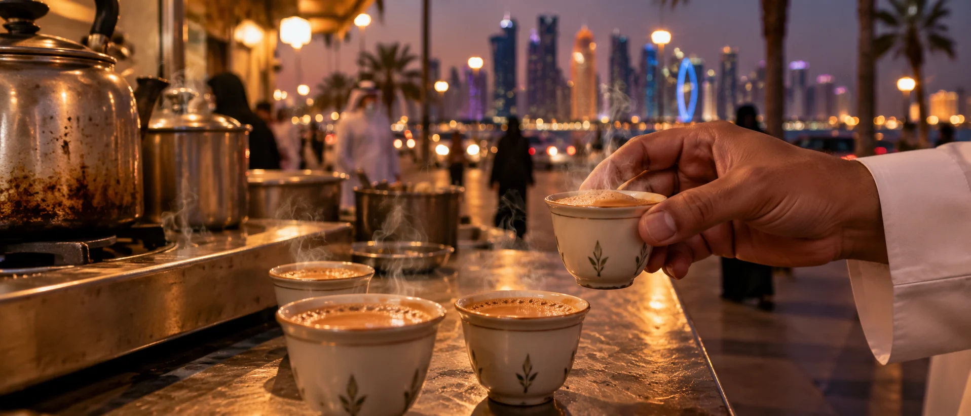 Small steaming cups of karak tea in a contemporary Doha setting at dusk