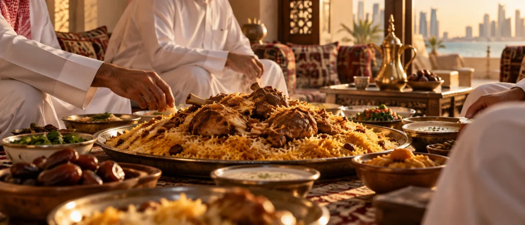 صحن مجبوس قطري كبير داخل مجلس مع أشخاص بالغين من الخلف