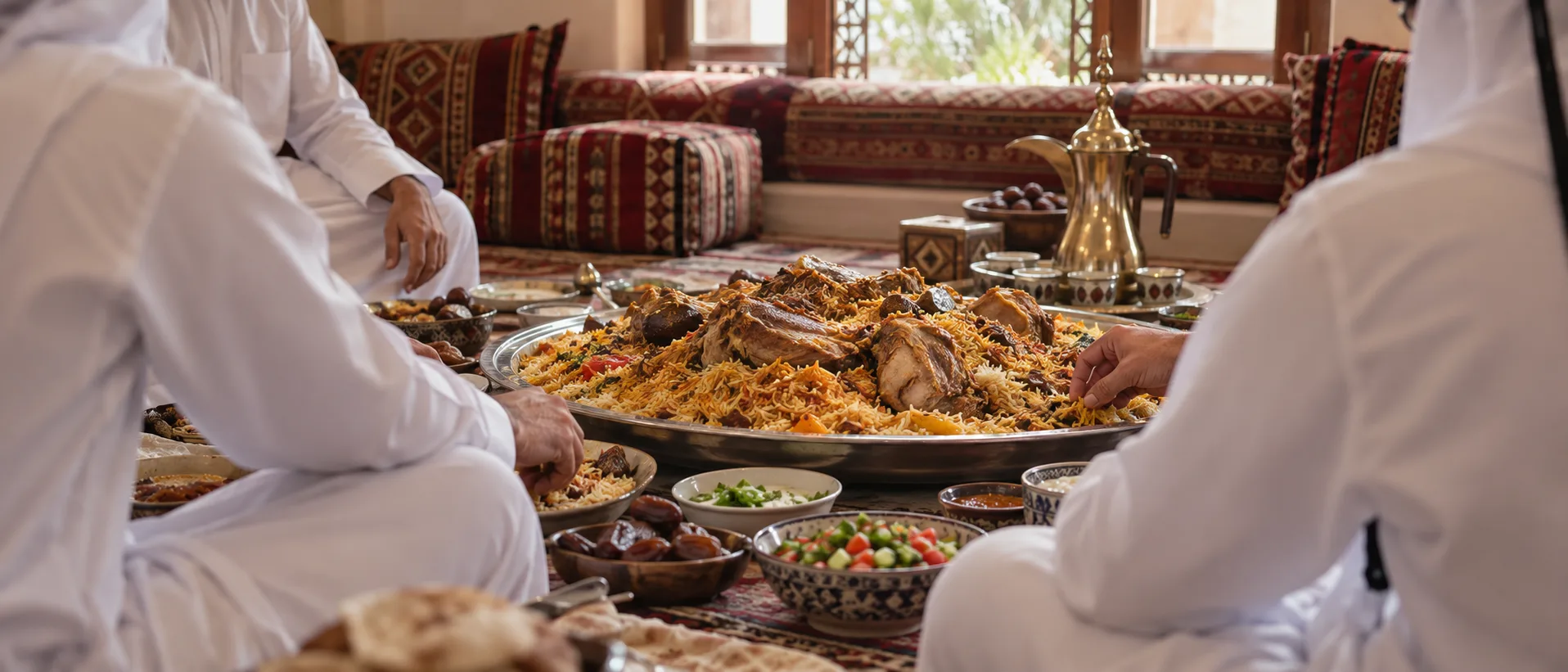 Large Qatari machboos platter in an elegant majlis with no visible faces