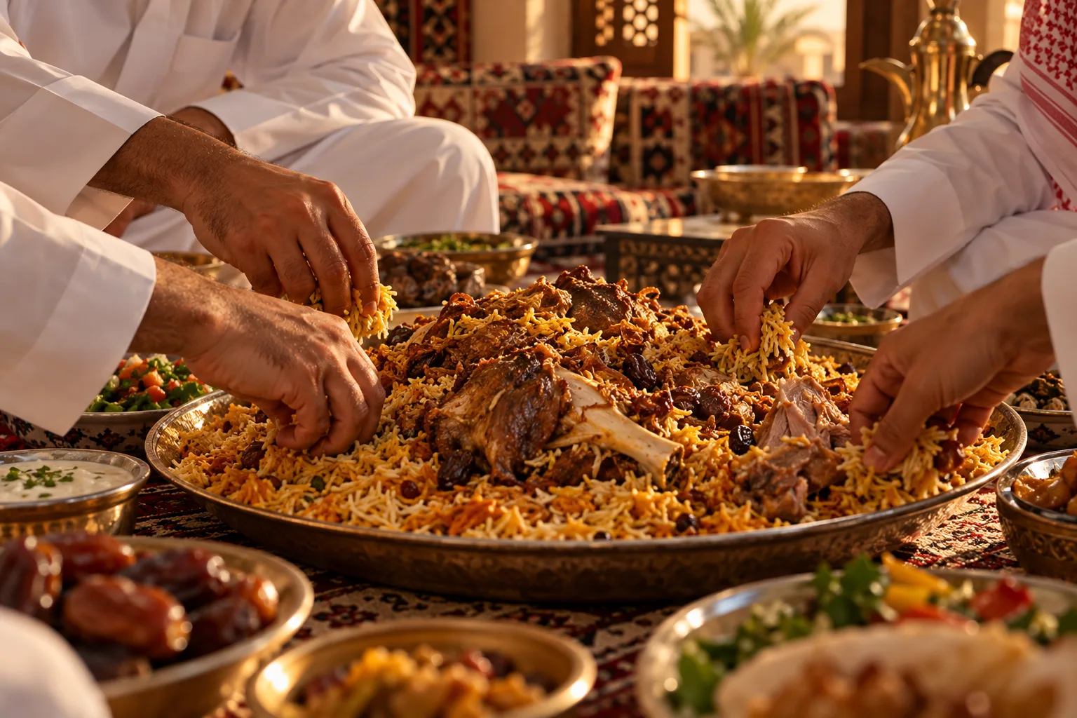 Adult hands respectfully sharing machboos from a central platter in a Qatari majlis