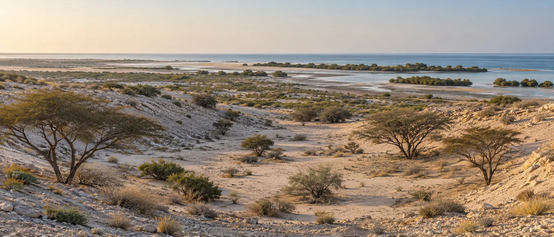 Qatar desert depression with native Samr trees transitioning toward distant coastal mangroves