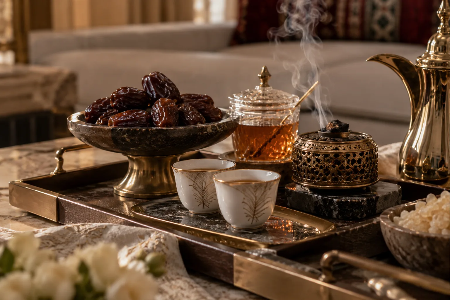 Close detail of a tray with dates, honey and bukhoor arranged for a Qatari majlis gift