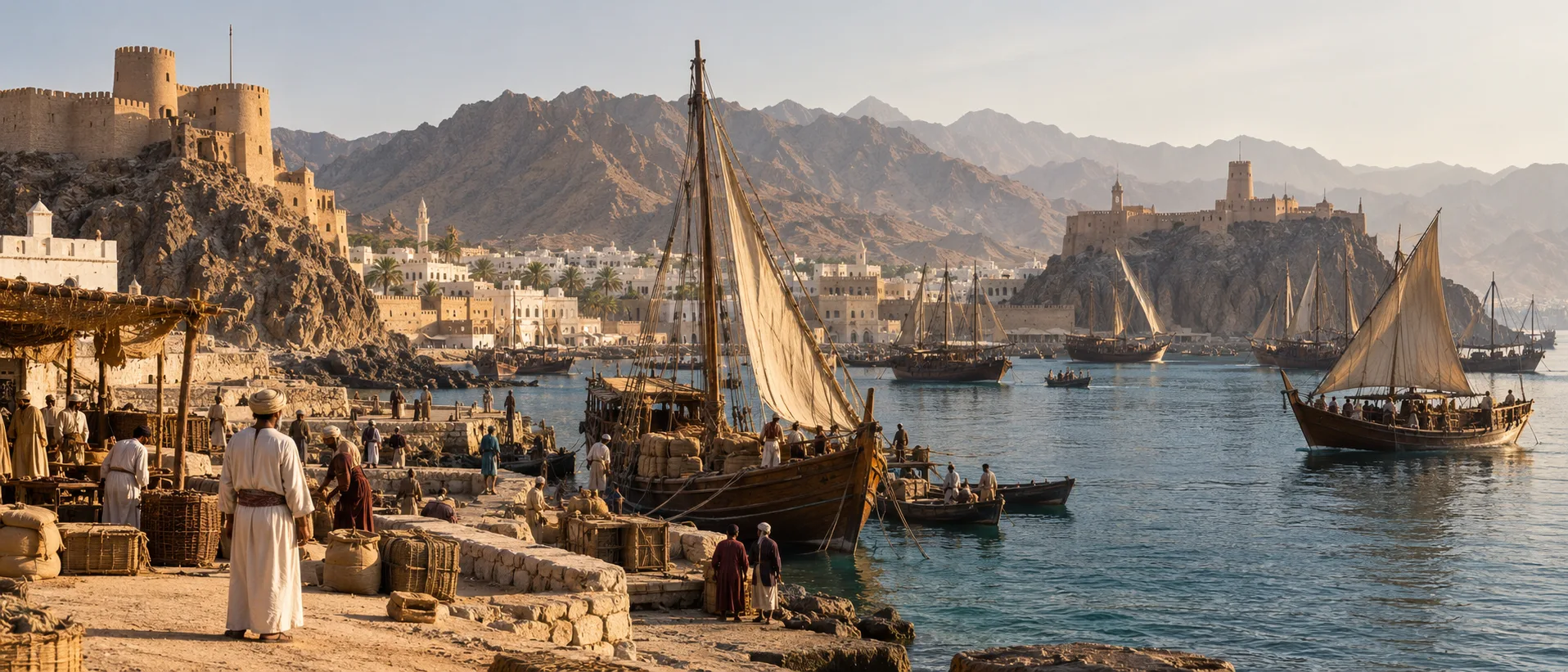 Historic Muscat harbour with Omani dhows and coastal forts evoking the maritime world of Said bin Sultan