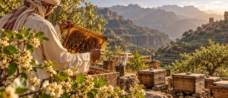 مشهد وثائقي لتربية النحل في جنوب غرب السعودية بين الجبال ومصادر السدر والطلح وخلايا تقليدية من دون وجوه واضحة