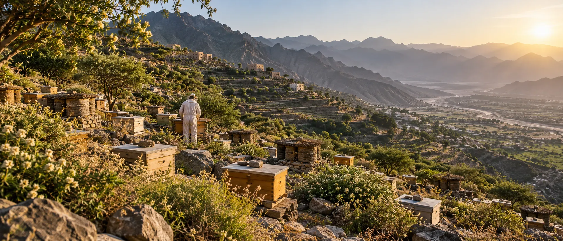 Saudi beekeeping landscape in southwestern Saudi Arabia with mountain terraces, Sidr and acacia forage and traditional hives