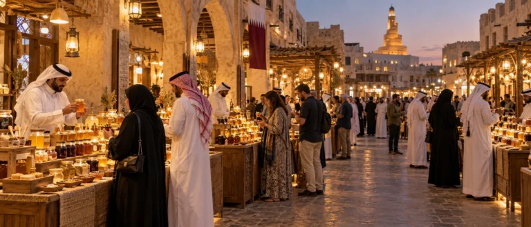 Wide documentary view of Souq Waqif honey exhibition in Doha with premium honey stalls and adult visitors, no readable branding