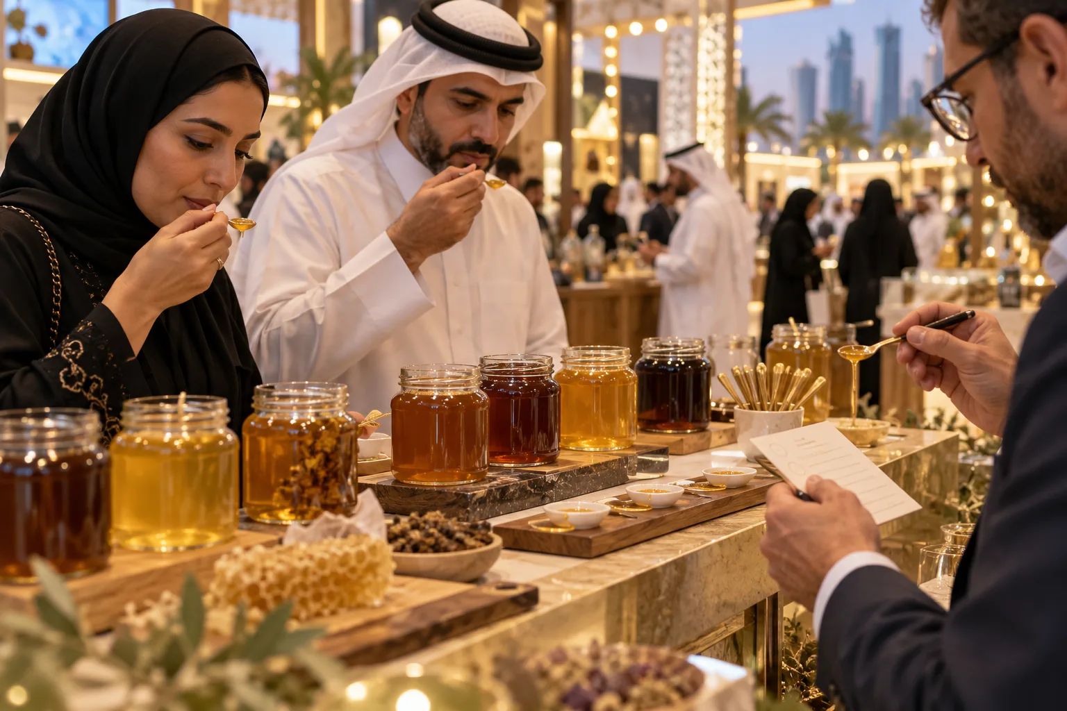 Documentary honey tasting at Souq Waqif exhibition with unbranded jars, small tasting spoons and visitors comparing origins