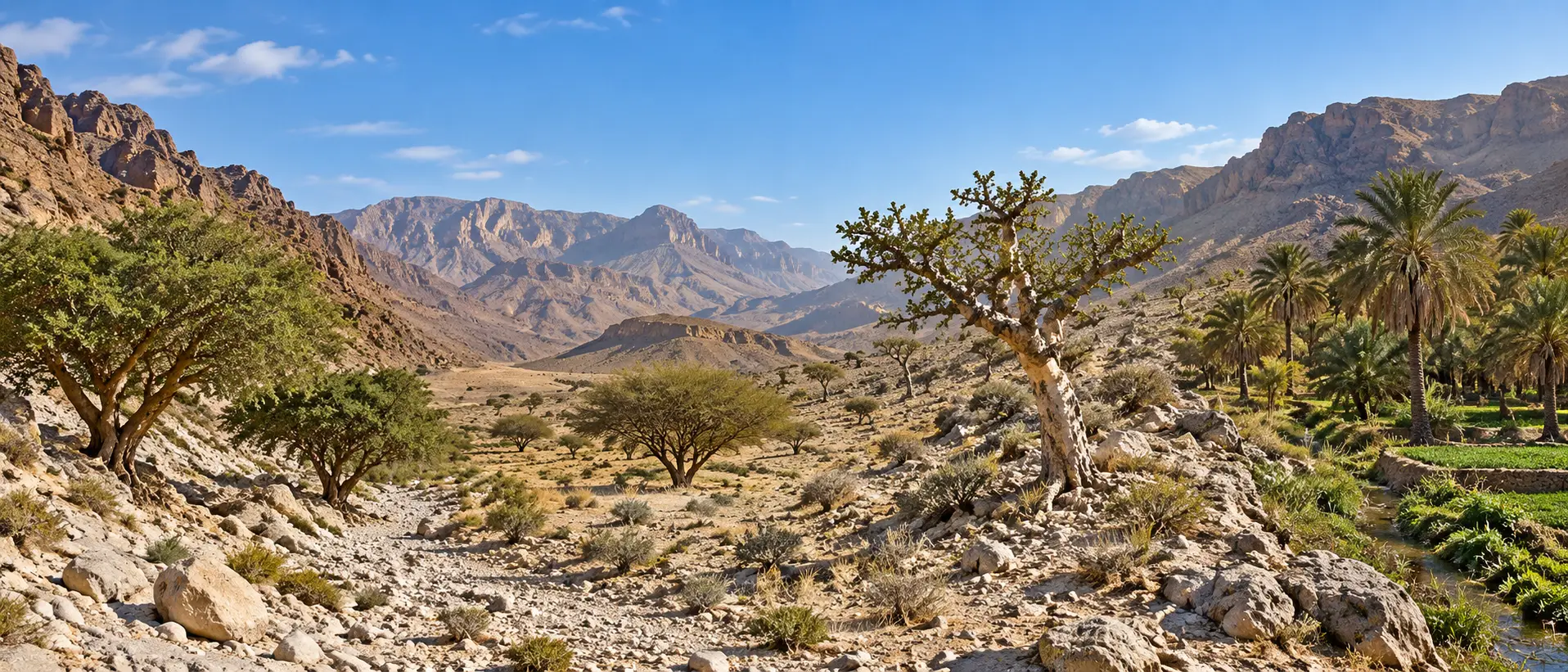 Omani landscape montage showing Sidr Samar frankincense and date palm in realistic connected habitats